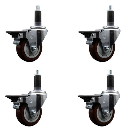 Service Caster 3.5'' Maroon Poly Swivel 1-1/8'' Expanding Stem Caster Set with Brake, 4PK SCC-EX20S3514-PPUB-MRN-PLB-118-4